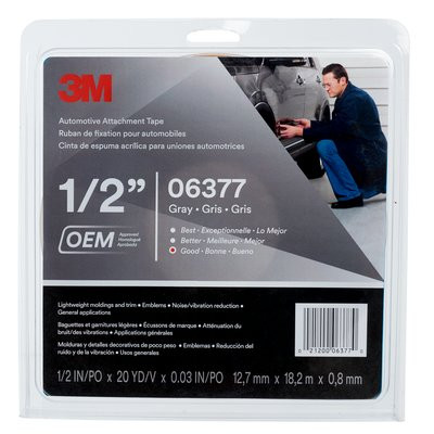 3M Automotive Attachment Tape | 1/2 Inch x 60 Foot Roll | Thin .76mm Tape for Lightweight Auto Moldings | Gray Color