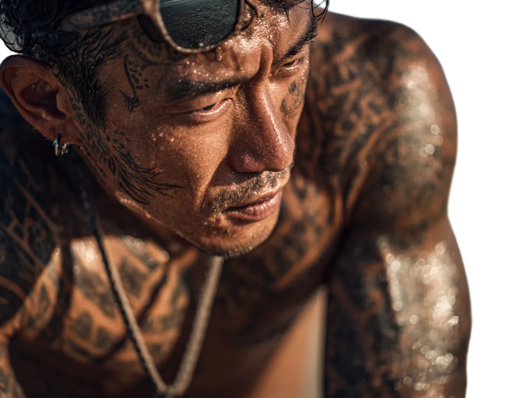 Tattooed Beach Man Vinyl Car Decal Sticker – Waterproof & UV-Resistant 3.0933333333333333"