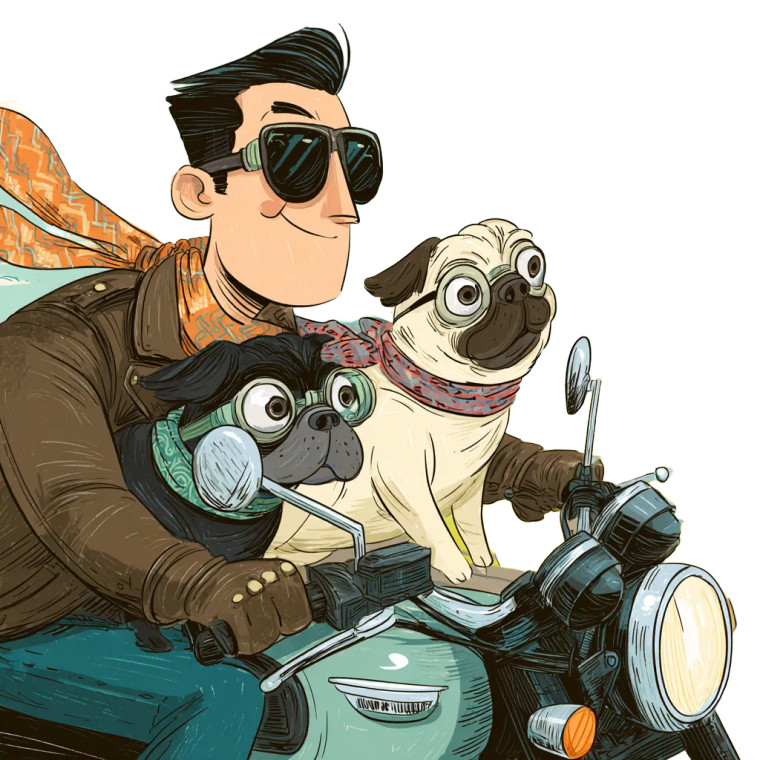 Biker With Pugs Vinyl Car Decal Sticker – Waterproof & UV-Resistant 6.826666666666667"