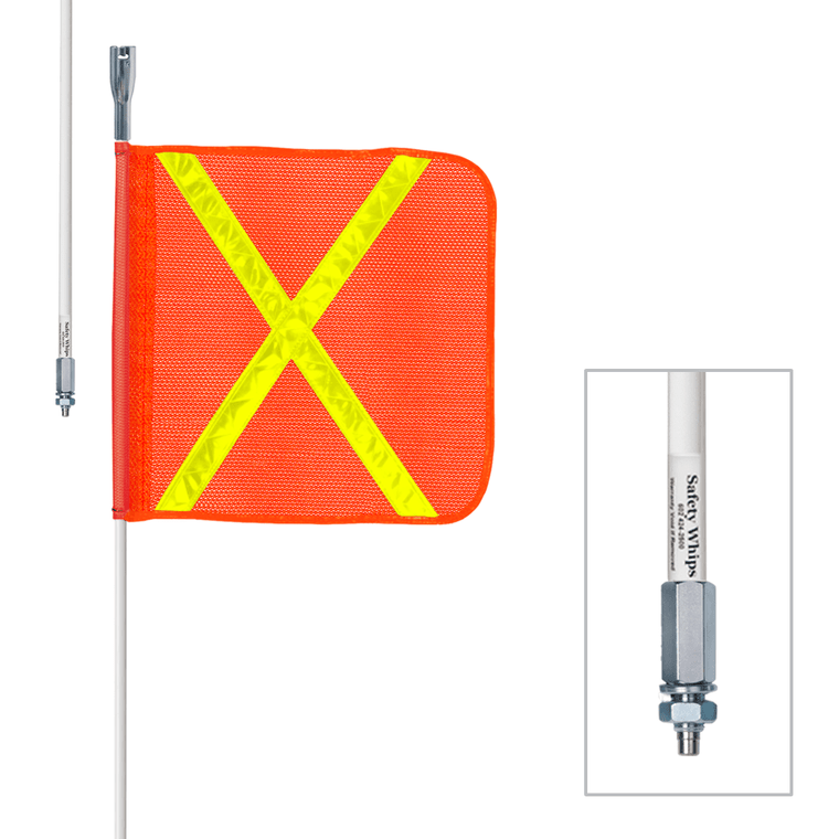 Heavy Duty Non-Lighted 5ft White Warning Whip | Fiberglass | Threaded Base Mount | Square Reflective Flag | Made in USA