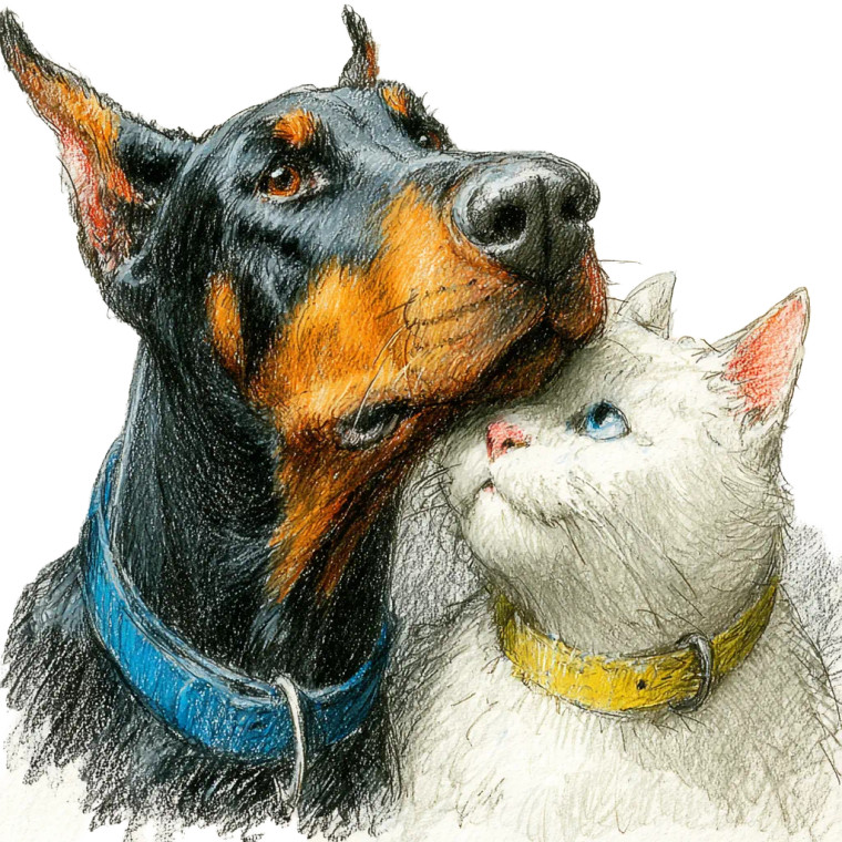 Doberman Hugs Cat Vinyl Car Decal Sticker – Waterproof & UV-Resistant 3.4133333333333336"