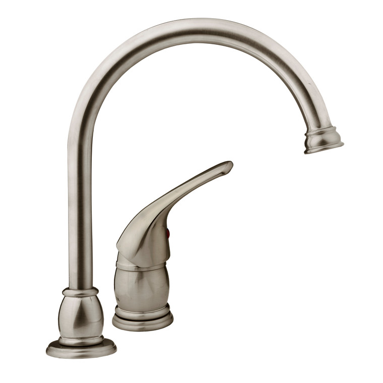 Designer Series Brushed Nickel RV Kitchen Faucet | Pedestal Spout, Single Lever Handle, Side Sprayer