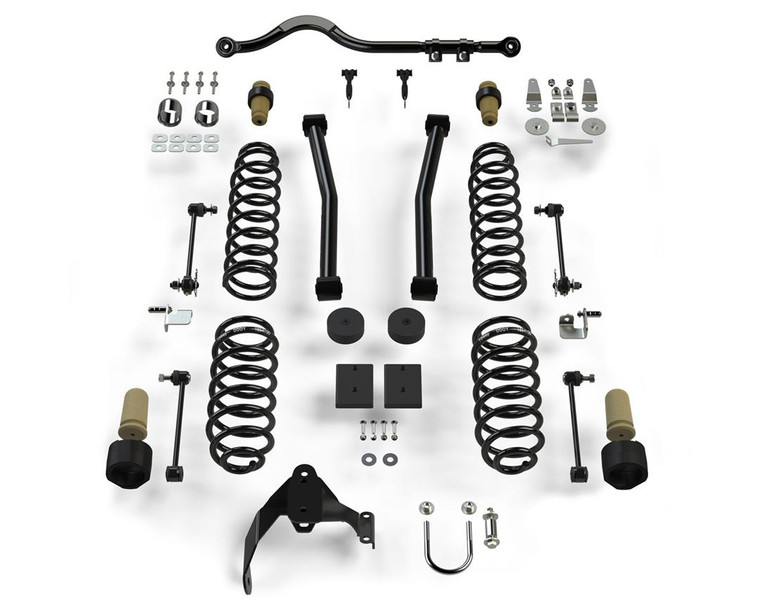Fits 2007-2018 Jeep Wrangler JK Teraflex Lift Kit Suspension 1312000 Sport S/T2; 2-1/2 Inch Front Lift; 2-1/2 Inch Rear Lift; Without Shock Absorbers In Kit - Shock Change Necessary; Black Components
