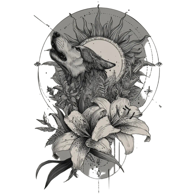 Sun Wolf Lily Tattoo Vinyl Car Decal Sticker – Waterproof & UV-Resistant 3.4133333333333336"