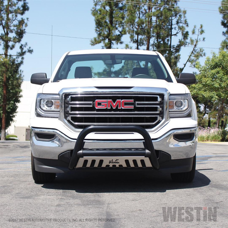 Upgrade Your GMC Sierra 1500's Look with Westin Bull Bar | Black Powder Coated Steel, 3" Diameter, Brushed Stainless Skid Plate