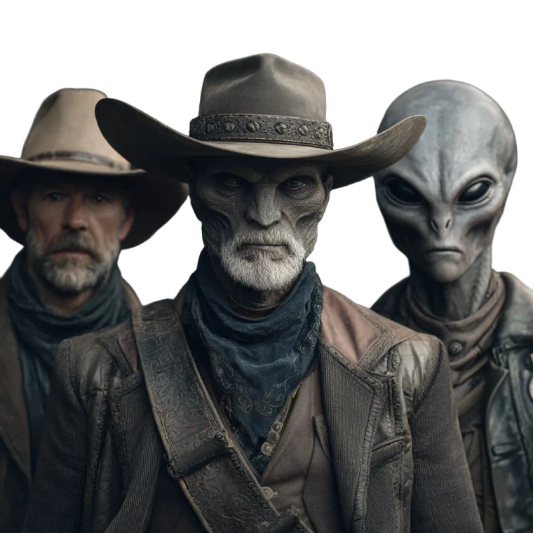 Cowboy Alien Trio Vinyl Car Decal Sticker – Waterproof & UV-Resistant 3.4133333333333336"