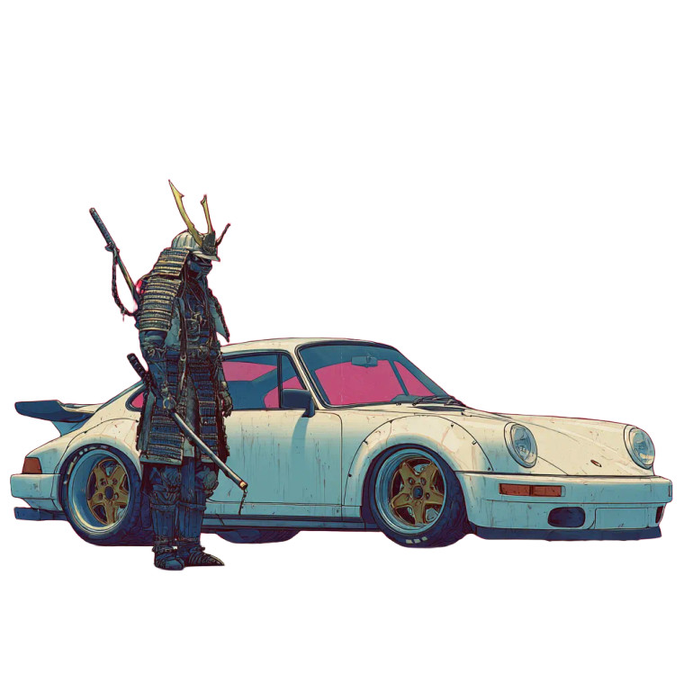 Samurai & Porsche Vinyl Car Decal Sticker – Waterproof & UV-Resistant 3.4133333333333336"