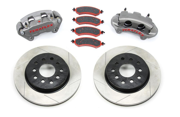 Fits 2007-2018 Jeep Wrangler JK Teraflex Brake Conversion Kit 4303420 Big Brake; Performance Upgrade; 13.3 Inch Slotted Rotor; Semi-Metallic Brake Pads; Dual Piston Powder Coated Silver Calipers; With Calipers/Rotors/Pads
