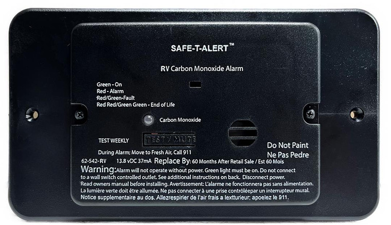 MTI Industry Carbon Monoxide Detector 62-542-BL-TR Safe-T-Alert; Flush Mount Detector; Alerts To Leak With Beeping; Without Digital Display; 13.8 Volt DC; Black; With Trim Ring