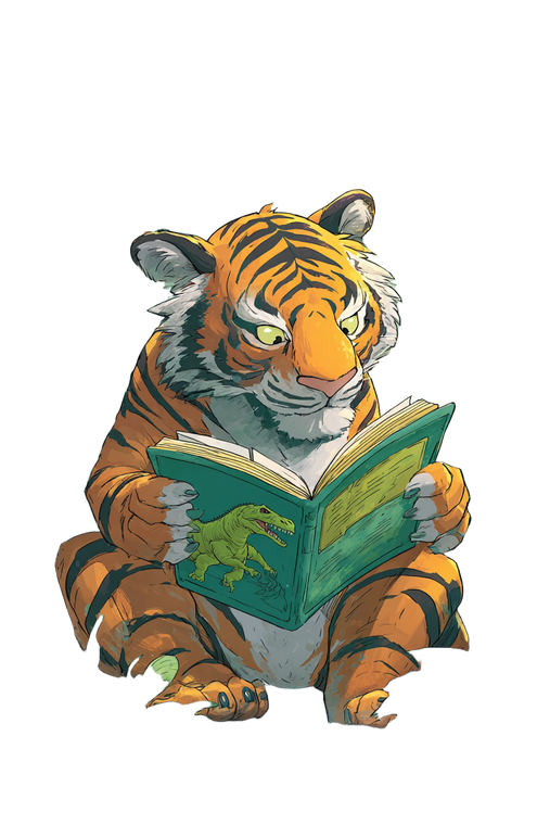 Tiger Reading Dinosaur Vinyl Car Decal Sticker – Waterproof & UV-Resistant 8.96"