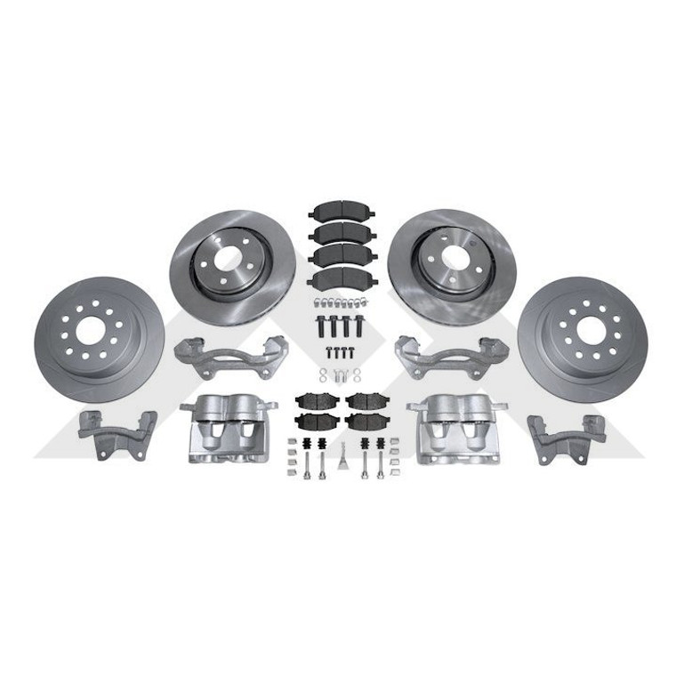 Fits 2007-2018 Jeep Wrangler JK Crown Automotive Brake Conversion Kit RT31058 RT Off-Road; Performance Upgrade; 13 Inch Diameter Front Rotor/13-1/2 Inch Rear Rotor; With Brake Pads