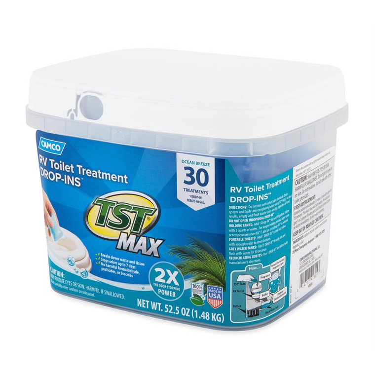 Camco Waste Holding Tank Treatment 41615 TST; Chemical Treatment Used To Break Down Waste and Tissue; Without Formaldehyde; With Deodorant; Ocean Breeze Scent; Lubricates Sensors; Treats 40 Gallon Holding Tank; Drop-INS Individual Dose Pouches