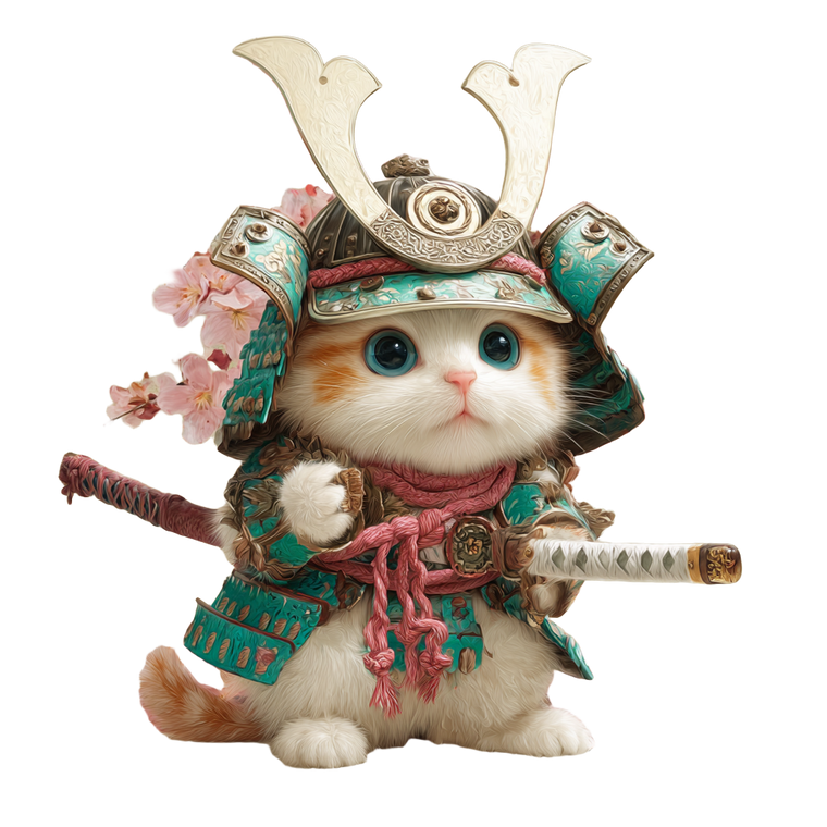 Chibi Samurai Kitten Vinyl Car Decal Sticker – Waterproof & UV-Resistant 3.4133333333333336"