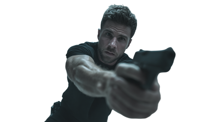 Intense Gunman Standoff Vinyl Car Decal Sticker – Waterproof & UV-Resistant 2.72"