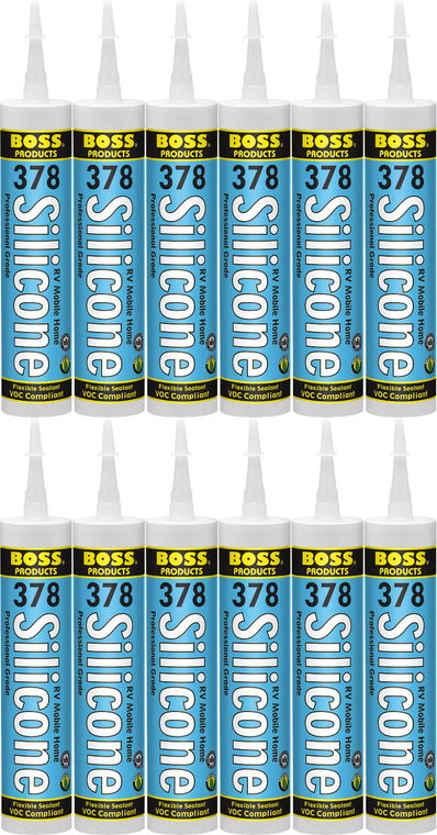 12x BOSS  378 Clear Silicone Sealant | Fill & Seal Cracks/Gaps Around Windows, Vents, Fixtures | UV Resistant | Single Component