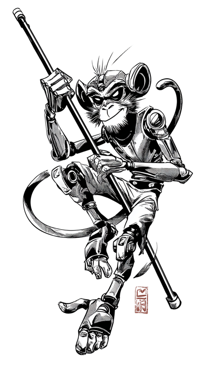Robot Monkey Staff V2 Vinyl Car Decal Sticker – Waterproof & UV-Resistant 9.706666666666667"