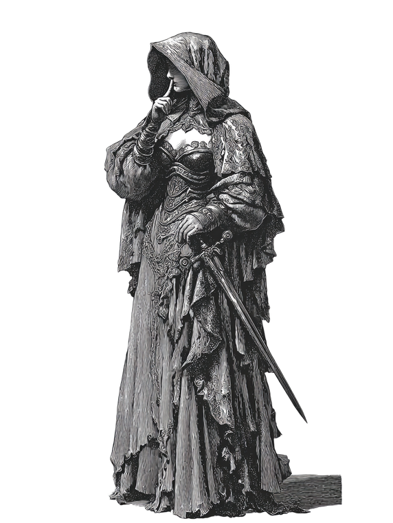 Hooded Swordswoman V2 Vinyl Car Decal Sticker – Waterproof & UV-Resistant 8.213333333333333"