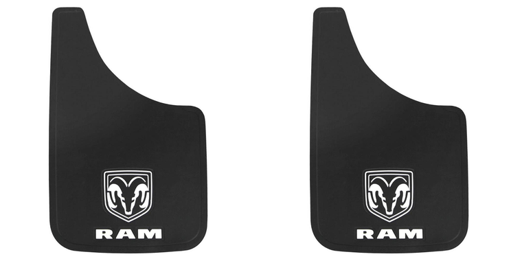 2x Plasticolor Mud Flap 000541R01 Easy-Fit Series; Universal 11 Inch x 19 Inch; Set Of 2; Flat; Ram Logo; Black; Fiberglass Reinforced; Screw On