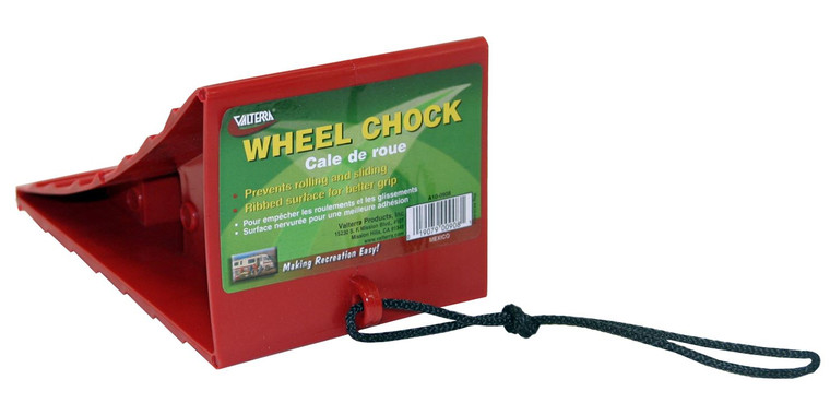 Red Plastic Wheel Chock | Prevent Tire Rolling | Grooved Surface | Easy Removal Cord