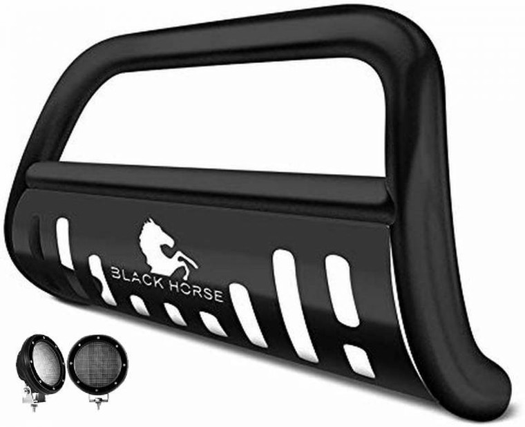 Custom Fit Black Horse Offroad Bull Bar | 2-1/2 Inch Tube, Powder Coated Steel, With Skid Plate, LED Lights & Warranty