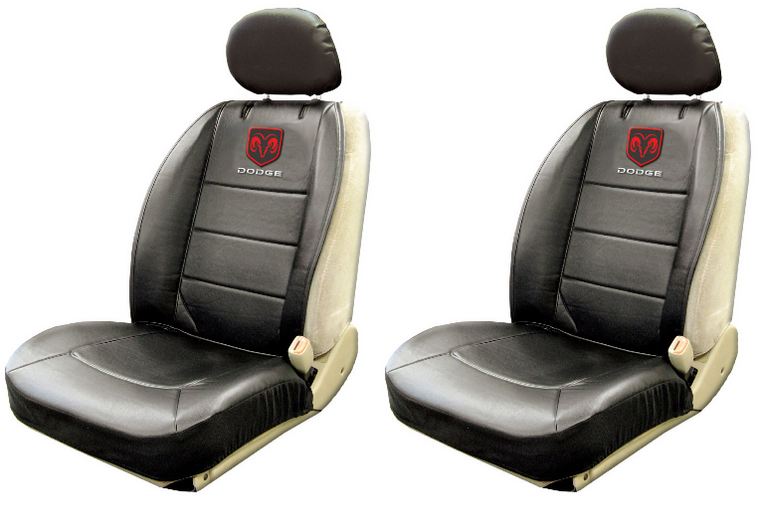 2x Plasticolor Seat Cover 008585R01 Low Back/Sideless; Dodge//Logo; Fabric; Black/Blue/White/Red; Single; With Headrest Cover