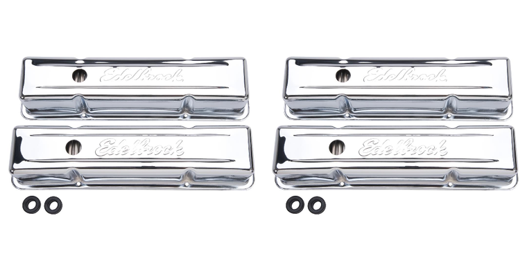2x Edelbrock Chrome Valve Cover Set | Chevy Small Block V8 262-400 Cubic Inch | Triple Chrome Plated, Baffled, With Breather Hole