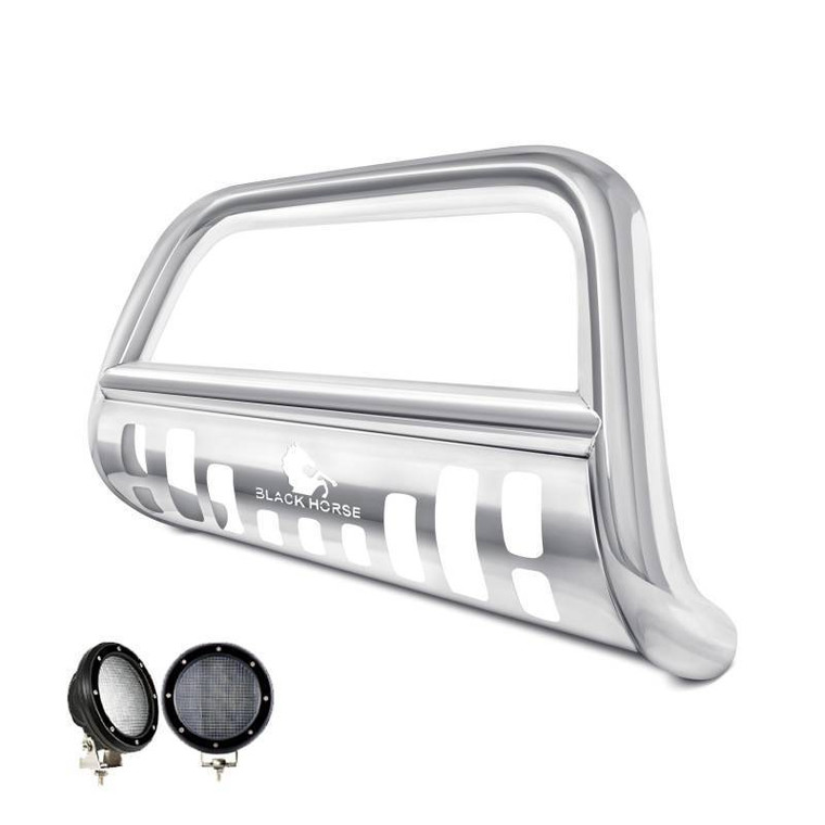 Black Horse Offroad Polished Stainless Bull Bar | 2-1/2 Inch Tube | With Skid Plate & 5.3 Inch LED Lights