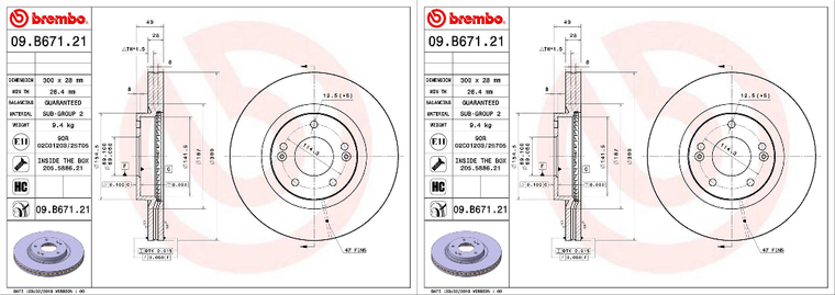 2x Brembo Vented Brake Rotor | High Carbon Cast Iron | 300mm Diameter | Hyundai Santa Fe, Kia Sorento 2010-2013