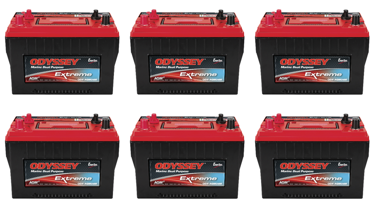 6x Odyssey Battery Battery ODX-AGM34M Extreme Series; 34M Group Size; 12 Volt; 880 Cold Cranking Amps/1500 Pulse Hot Cranking Amps; 10.9 Inch Length; 6.8 Inch Width; 7.8 Inch Height; For Use With Marine Engine