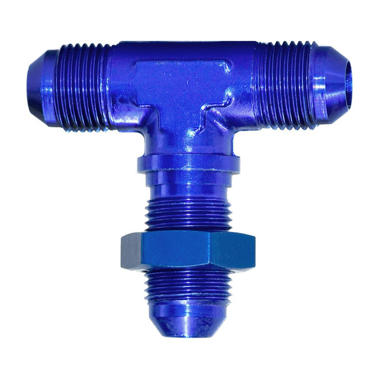 High Performance Aluminum -16AN Bulkhead Flare Tee Fitting | Lightweight & Reusable | 180 Degree Angle | Anodized Blue | Made in U.S.A