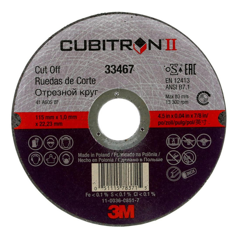 3M Cubitron II Cut Off Wheel | Precision Shaped Ceramic | Reinforced, 4.5" Diameter, 0.04" Thickness, 7/8" Arbor | Box of 5