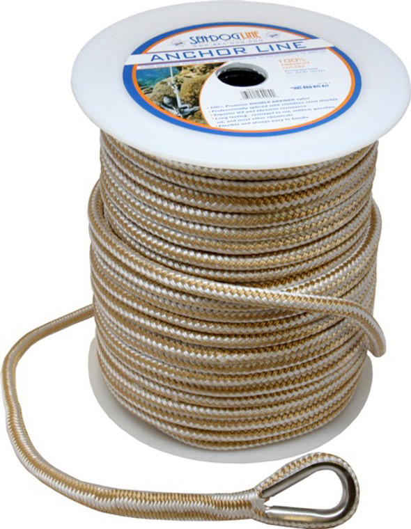 Premium Double Braided Nylon Rode | 825lb Load Limit | 3/8 Inch x 100ft | Stainless Steel Thimble