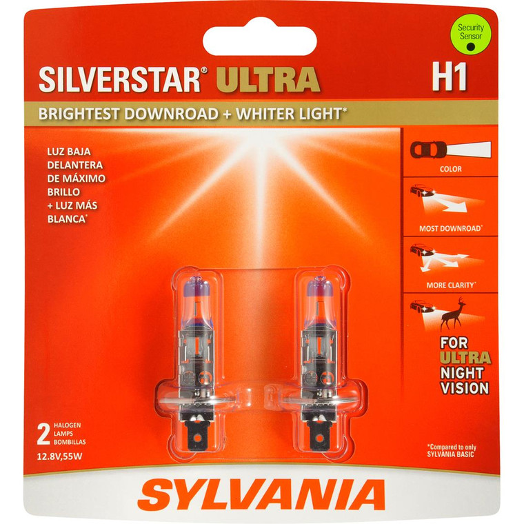 SYLVANIA Silverstar Ultra H1 Headlight Bulb | Brightest Halogen Bulb | Whiter Light | Set Of 2