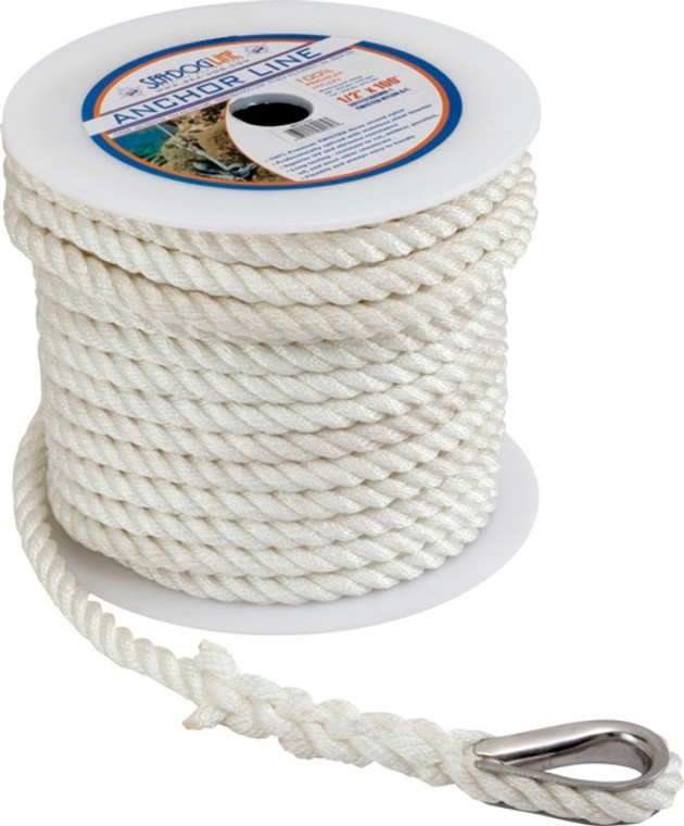 Heavy-Duty White Nylon Rope | High Flexibility & Shock Absorption | 815lb Capacity | 3/8 Inch x 100ft | Stainless Steel Thimble