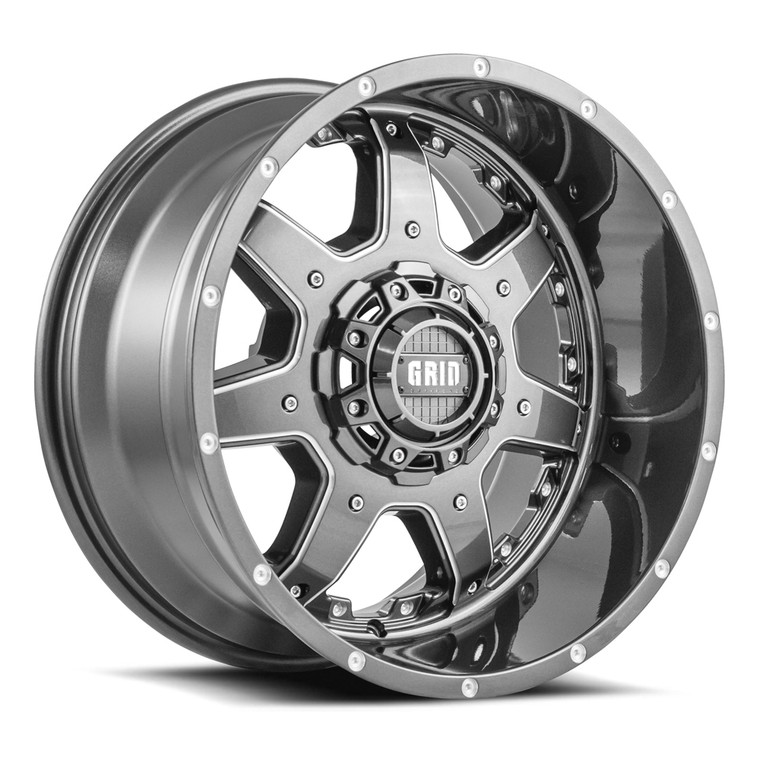 Grid Wheels 18x9 Gloss Graphite Milled Wheel, -12 Offset, 4.50 BS, 2600 lb Capacity, TPMS Compatible, 38" Tire, Single