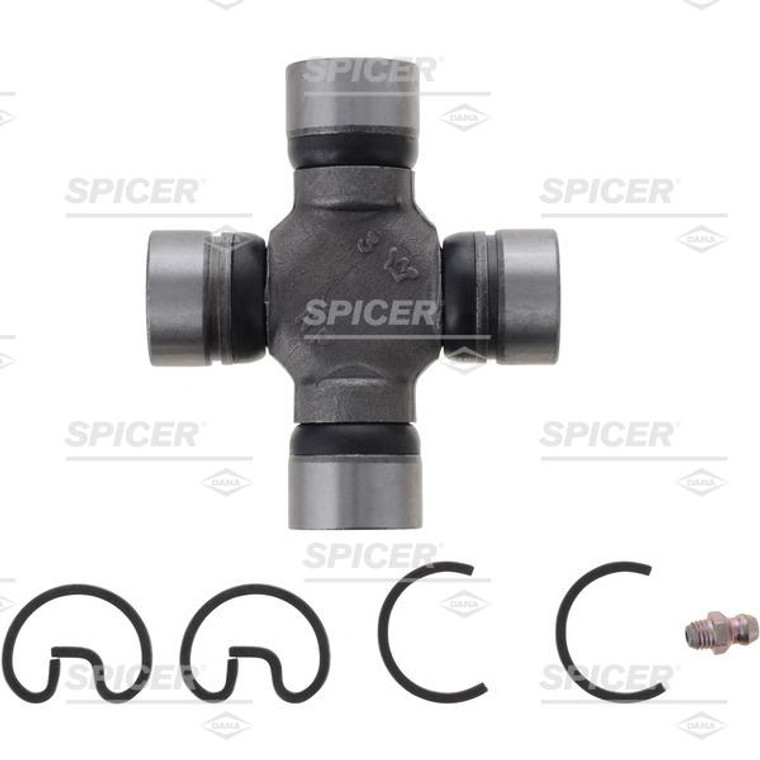 Dana Spicer Universal Joint 5-3246X 1330/7260 Design; Inside/Outside Retaining Clips; 2 Smooth Round/2 Grooved Round Bearings; 1.1078 Inch Diameter Smooth Bearings/1.062 Inch Diameter Grooved Bearings; 2.125 Inch Yoke Span; Steel; Greaseable