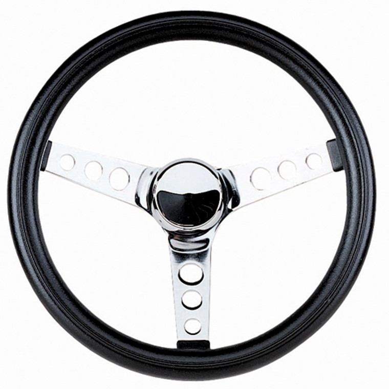 Grant Steering Wheel 831 Classic Series.; 13 1/2 Inch Diameter With 2 Inch Shallow Dish; 3 Spoke With Holes; Black Foam Cushion Grip; Chrome Plated Steel Spokes; Without Cruise Control Buttons/Holes; 3 Bolt; With Horn Button