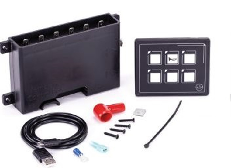 Sierra Marine Switch Panel SP21020 Marine Series; LED Indicator; Built-In Resettable Fuse; With Wiring Harness; Black; 6 Function Panel; CE Certified; With 60 Piece Assortment Of Graphic And Text Labels