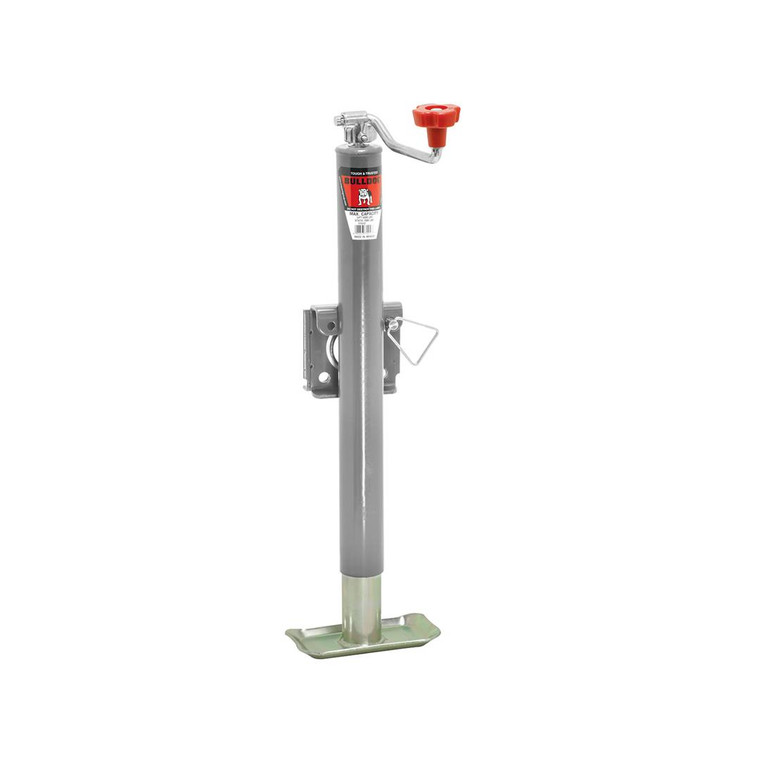 Bulldog Trailer Tongue Jack 171412 Manual Round Topwind Swivel Jack; 5000 Pound Lift Capacity; 15 Inch Travel; 14-1/2 Inch Retracted X 29-1/2 Inch Extended Height; 10 Inch Clearance; Weld-On L-Bend Bracket Mount