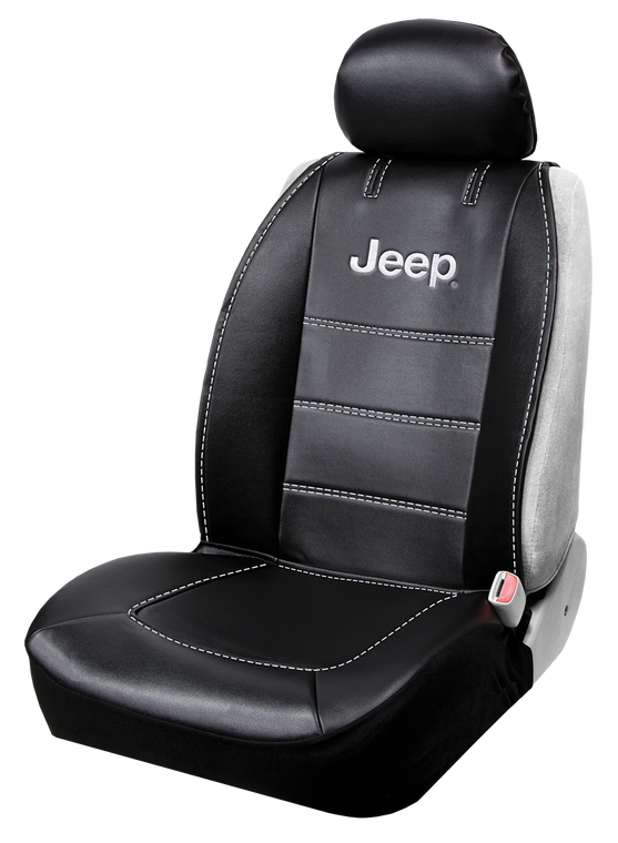 Plasticolor Seat Cover 008631R01 Deluxe; Low Back; Jeep Logo; Leather; Black With White Contrast Stitching; Single; With Head Rest And Back Cargo Pocket