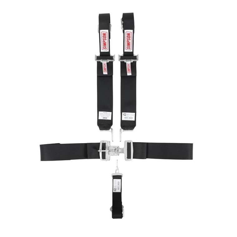 Simpson Race Seat Belt 29073BKH Latch F/X Driver Restraint System; 16.1 SFI Rated; Not DOT Street Approved; 5 Point; 3 Inch Width; Latch And Link; Black; Single; 62 Inch Length; Bolt-In Floor and Roll Bar Mount; Pull Down Lap Belt Style
