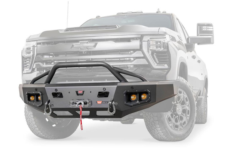 Warn Bumper 110914 One Piece Design; Direct-Fit; Mounting Hardware Included; With Pre-Runner Grille Guard; With Winch Mount; With Light Cutout; Powder Coated; Black; Steel