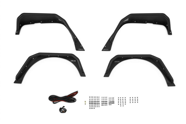 Fits 2007-2018 Jeep Wrangler JK DV8 Offroad Fender Flare FDJK-06 Spec Series; Tube and Plate Design; Powder Coat; Black; Steel; Set Of 4