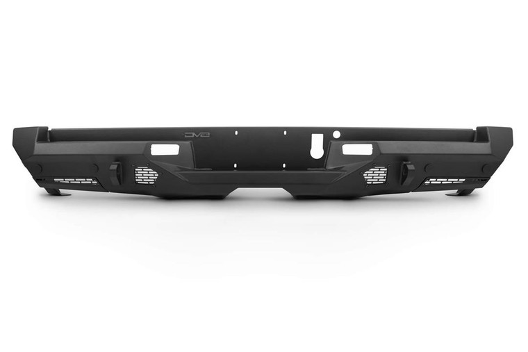 DV8 Offroad Bumper RBDR1-03 Spec Series; Modular Design; Direct Fit; Mounting Hardware Included; With 2 D-Ring Shackles; With Two 3 Inch Light Pod Cutouts; Compatible With OE Hitch; Powder Coated; Black; Steel