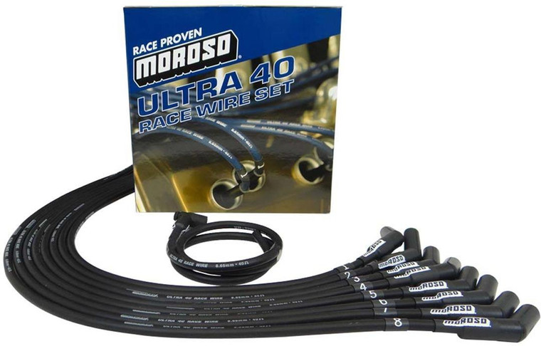 Moroso Performance Spark Plug Wire Set 73726 For Use With Small Block Chevy/Under The Valve Covers; Unsleeved; 135 Degree Spark Plug Boot; HEI Distributor Boot; Black