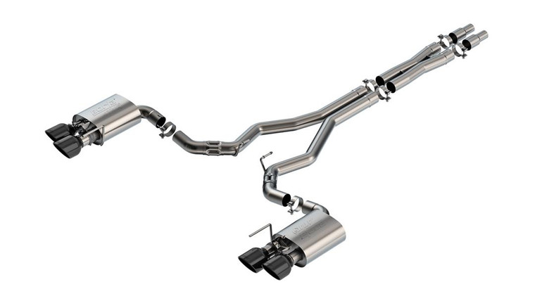 Fits 2024-2024 Ford Mustang Borla Exhaust System Kit 140965BC ATAK Series Cat Back System; T-304 Stainless Steel; With Mufflers; 3 Inch Pipe Diameter; Dual Exhaust Quad Exit; Dual Split Rear Exit; 5 Inch Black Chrome T-304 Stainless Steel Tips