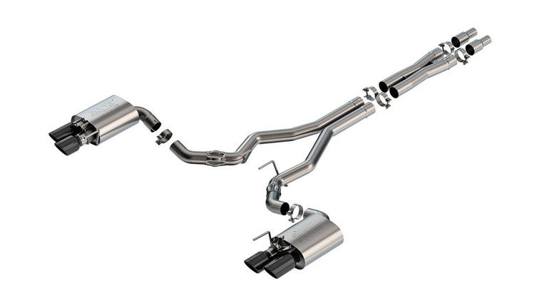 Fits 2024-2024 Ford Mustang Borla Exhaust System Kit 140963BC ATAK Series Cat Back System; T-304 Stainless Steel; With Mufflers; 3 Inch Pipe Diameter; Dual Exhaust Quad Exit; Dual Split Rear Exit; 4 Inch Black Chrome T-304 Stainless Steel Tips