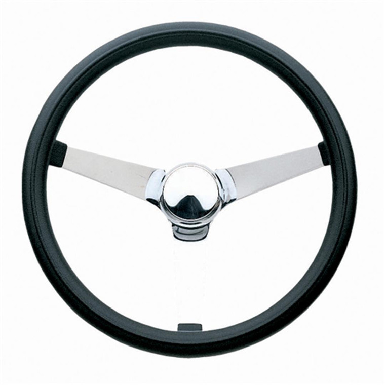 Grant Steering Wheel 830 Classic Series.; 13 1/2 Inch Diameter; 3 Spoke; Black Foam Cushion Grip; Chrome Plated Steel Spokes; Without Cruise Control Buttons/Holes; 3 Bolt; With Horn Button