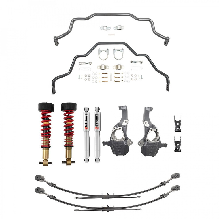 Bell Tech Lowering Kit 350345HK 2 To 4 Inch Front/4 Inch Rear Drop; Gray; With Street Performance Shock Absorbers; With Shackle Kit/Anti-Swaybar Set/Drop Spindle Set/Coilover Kit/Leaf Spring