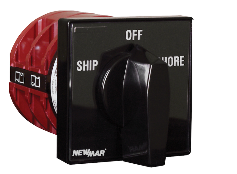 NewMar Power Selector Switch SS15 Manual; 3 Position SHIP/OFF/SHORE; 126 Amp Load Capacity; 115/230 Volt AC; Black; 4 Inch Depth; cUL Approved/CE Certified; Panel Mount